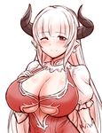  1girl alicia_(granblue_fantasy) bangs blunt_bangs blush breasts cleavage cleavage_cutout cross cross_earrings doraf dress earrings elbow_gloves female gloves granblue_fantasy horns huge_breasts kanno_takanori long_hair looking_at_viewer milf monochrome one_eye_closed pink_hair pointy_ears puffy_short_sleeves puffy_sleeves red red_dress red_eyes short_sleeves simple_background smile solo standing underboob underboob_cutout upper_body venus_symbol white_background white_gloves 