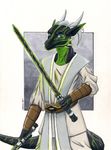  adleisio darksaber dragon duel_sabers grey_jedi lightsaber robes scalie star_wars traditional_media_(artwork) triple_horns western_dragon 