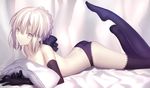  arched_back artoria_pendragon_(all) ass black_gloves black_panties bow breasts butt_crack cleavage elbow_gloves fate/stay_night fate_(series) gloves hair_bow highres lace lace-trimmed_panties lace-trimmed_thighhighs legs_up long_legs looking_at_viewer lying medium_breasts navy_blue_legwear no_shoes on_stomach pale_skin panties parted_lips pillow platinum_blonde_hair saber_alter shinooji short_hair silver_eyes solo thighhighs topless underwear 