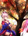  28aarts absurdres asymmetrical_hair autumn_leaves backlighting bangs blue_eyes blurry breasts cleavage closed_mouth collarbone depth_of_field detached_sleeves eyebrows_visible_through_hair fate/grand_order fate_(series) hair_ornament hair_over_one_eye highres japanese_clothes katana large_breasts lavender_hair leaf light_smile looking_at_viewer maple_leaf miyamoto_musashi_(fate/grand_order) nature ponytail scenery sheath sheathed sitting smile solo sword thighs tree weapon 