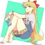  aino_minako bangle barefoot bishoujo_senshi_sailor_moon blonde_hair blue_eyes bow bracelet can earrings full_body half_updo hiki-wota holding holding_can jewelry leg_hug long_hair nail_polish overalls puffy_short_sleeves puffy_sleeves red_bow short_sleeves simple_background sitting smile soda_can solo toenail_polish very_long_hair 