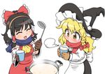  :d :o ^_^ amazake_(drink) ascot black_hair blonde_hair blowing blush bow braid breasts closed_eyes commentary cup detached_sleeves dress drink earmuffs hair_bow hair_tubes hakurei_reimu hat hat_bow kirisame_marisa ladle large_bow long_hair medium_breasts mittens multiple_girls open_mouth pot scarf side_braid single_braid skirt skirt_set smile touhou unachika v-shaped_eyebrows vest wavy_hair witch_hat yellow_eyes 