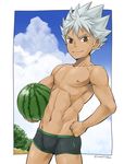  ball beachball brown_eyes food fruit hand_on_hip king_of_prism_by_prettyrhythm looking_at_viewer male_focus male_swimwear nishina_kazuki pretty_rhythm pretty_rhythm_rainbow_live short_shorts shorts smile solo spiked_hair standing swim_trunks swimwear toned toned_male torakichi_(ebitendon) twitter_username watermelon watermelon_beachball white_hair 