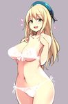  :d atago_(kantai_collection) beret blonde_hair blush bra breasts cleavage front-tie_top green_eyes hat heart ippongui kantai_collection lace lace-trimmed_bra lace-trimmed_panties large_breasts long_hair looking_at_viewer navel open_mouth panties side-tie_panties simple_background smile solo underwear underwear_only white_bra white_panties 