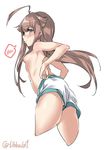  ahoge blush breasts brown_eyes brown_hair cowboy_shot cropped_legs ebifurya eyebrows_visible_through_hair from_side hair_censor hair_over_breasts highres huge_ahoge kantai_collection kuma_(kantai_collection) long_hair looking_at_viewer profile shorts sideboob sidelocks simple_background small_breasts solo speech_bubble spoken_blush topless twitter_username white_background white_shorts 