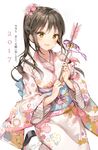  2017 anmi arrow bangs bell bird blush breasts brown_eyes brown_hair commentary_request cowboy_shot eyebrows_visible_through_hair flamingo floating_hair floral_print flower hair_flower hair_ornament half-closed_eyes hamaya happy_new_year highres holding_arrow japanese_clothes jingle_bell kimono kotoyoro long_hair looking_at_viewer medium_breasts mole mole_under_mouth new_year obi original parted_lips pink_flower purple_ribbon ribbon sandals sash simple_background smile socks solo standing standing_on_one_leg translated white_background white_kimono white_legwear 