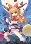  :d brown_eyes chain cross_(crossryou) cuffs fang fighting_stance full_moon giantess gourd hair_ribbon horn_ribbon horns ibuki_suika immaterial_and_missing_power long_hair looking_at_viewer low-tied_long_hair moon open_mouth ribbon shirt sleeveless sleeveless_shirt smile solo touhou v-shaped_eyebrows 