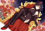  bison_cangshu black_hair black_legwear breasts chair character_request commentary_request crossed_legs elbow_gloves flower gloves hair_flower hair_ornament hat highres ida_brooke large_breasts long_hair mecha_musume panther_ausf_a_(panzer_waltz) panzer_waltz personification rose sideboob sitting smile solo thighhighs yellow_eyes 