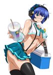  ass black_legwear blue_hair bow breasts cup drink eyepatch fingerless_gloves gloves green_eyes headphones holding ikkitousen large_breasts looking_at_viewer lunchbox microphone mole mole_under_mouth navel necktie official_art pleated_skirt ryomou_shimei shiny shiny_skin short_hair simple_background skirt sleeveless smile solo suspenders thighhighs twisted_torso underboob white_background 