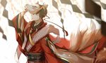  2016 alternate_eye_color animal_ears artist_name bangs bead_necklace beads black_hair blurry closed_mouth dated depth_of_field fingernails fox_ears fox_mask fox_tail hand_up japanese_clothes jewelry kimono kitsune light_particles long_fingernails long_sleeves looking_at_viewer magatama male_focus mask mask_on_head matsuno_osomatsu multiple_tails necklace obi one_eye_covered osomatsu-kun osomatsu-san phino red_eyes red_kimono ribbon_trim sash shide signature smile solo stole tail tassel upper_body white_background wide_sleeves 