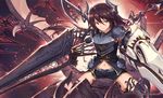  black_hair black_legwear breastplate dragon draph forte_(shingeki_no_bahamut) granblue_fantasy hair_between_eyes haoni horns lance long_hair navel parted_lips pauldrons polearm red_eyes riding shadowverse shingeki_no_bahamut short_shorts shorts solo thighhighs weapon 