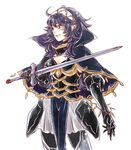  black_hair breasts cape cleavage cleavage_cutout fire_emblem fire_emblem_if holding holding_weapon insarability long_hair looking_at_viewer skirt small_breasts smile soleil_(fire_emblem_if) solo sword tattoo weapon white_background 