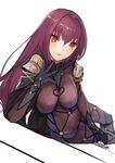  2017 bodysuit breasts brown_hair dated fate/grand_order fate_(series) highres large_breasts long_hair lying on_side parted_lips pupps red_eyes scathach_(fate)_(all) scathach_(fate/grand_order) signature simple_background solo white_background 