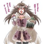  black_hair bottle cape closed_eyes dirt dirty dirty_clothes dirty_face fire_emblem fire_emblem_if flower food hair_flower hair_ornament headband holding insarability long_hair milk_bottle open_mouth potato soleil_(fire_emblem_if) solo turnip vegetable 