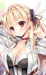  :/ alisa_reinford arm_behind_head arms_up asymmetrical_hair bangs blonde_hair blush breasts choker cleavage closed_mouth collarbone commentary_request corset cropped_jacket earrings eiyuu_densetsu eyebrows_visible_through_hair feathers hair_between_eyes hair_feathers hair_ornament hair_ribbon hair_scrunchie hairdressing head_tilt jacket jewelry kibasuke large_breasts long_hair long_sleeves looking_at_viewer md5_mismatch multicolored multicolored_background one_side_up red_eyes ribbon scrunchie sen_no_kiseki sen_no_kiseki_3 shiny shiny_skin side_ponytail solo sparkle upper_body very_long_hair white_feathers white_jacket zipper 