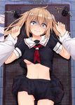  1girl absurdres admiral_(kantai_collection) ass_visible_through_thighs bangs black_serafuku black_skirt blonde_hair breasts clenched_teeth commentary constricted_pupils gloves hair_ornament hairpin hetero highres imminent_rape jaku_denpa kantai_collection long_hair long_sleeves looking_at_viewer lying medium_breasts military military_uniform murasame_(kantai_collection) naval_uniform neckerchief no_bra no_panties on_back out_of_frame pov pov_hands red_eyes red_neckwear remodel_(kantai_collection) restrained scared scarf school_uniform serafuku skirt solo_focus sweat tears teeth twintails underboob uniform white_gloves white_scarf wide-eyed 