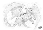  2011 ambiguous_gender cat claws feline feral fur hybrid mammal membranous_wings natoli nude simple_background sketch solo traditional_media_(artwork) white_background wings 