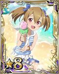  beach blue_bow bow bracelet card_(medium) day food hair_between_eyes hair_bow holding ice_cream jewelry looking_at_viewer number ocean official_art open_mouth outdoors red_eyes short_twintails silica skirt solo star striped sword_art_online sword_art_online:_code_register twintails 