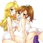  all_fours ass blonde_hair brown_eyes brown_hair food futami_mami green_eyes hoshii_miki idolmaster idolmaster_(classic) idolmaster_2 koari long_hair mouth_hold multiple_girls one-piece_swimsuit ponytail popsicle sandals school_swimsuit side_ponytail swimsuit white_school_swimsuit white_swimsuit 