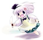  anger_vein angry apron black_hairband cleaver empty_eyes fang ghost hairband highres knife konpaku_youmu konpaku_youmu_(ghost) open_mouth running short_hair silver_hair solo touhou yume_shokunin 