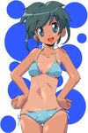  :d bikini blush breasts covered_nipples cowboy_shot green_eyes green_hair groin hands_on_hips happy head_tilt looking_at_viewer lowleg lowleg_bikini navel one-piece_tan open_mouth original polka_dot polka_dot_background shino_(pharmacy) short_hair side-tie_bikini small_breasts smile solo swimsuit tan tanline thigh_gap 