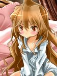  :&gt; aisaka_taiga bad_id bad_pixiv_id brown_eyes brown_hair dress_shirt i-la long_hair pout shirt solo tears toradora! 