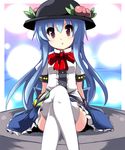  arm_support blue_hair crossed_legs fa_no_hito food fruit hat highres hinanawi_tenshi long_hair open_mouth peach red_eyes sitting skirt solo thighhighs touhou 