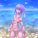  bikini dhimetoro flat_chest long_hair original purple_eyes purple_hair purple_skin solo swimsuit twintails water wide_hips 