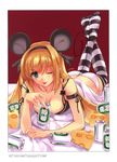  ;p absurdres alcohol animal_ears bed beer bra breasts cheese cleavage food hair_ribbon highres lingerie lying medium_breasts misaki_kurehito mouse_ears mouse_tail on_stomach one_eye_closed original panties ribbon solo striped striped_legwear tail thighhighs tongue tongue_out underwear 