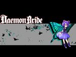  boots bug butterfly butterfly_wings daemon_bride insect purple_hair shiffion short_hair short_twintails skirt smile solo twintails wallpaper wings wristband yellow_eyes 