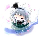  blush cherry_blossoms chibi closed_eyes dancing hair_ribbon happy highres konpaku_youmu konpaku_youmu_(ghost) outstretched_arms petals ribbon silver_hair simple_background smile solo spread_arms standing standing_on_one_leg touhou yume_shokunin 
