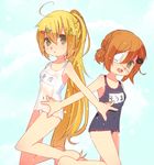 back-to-back bad_id bad_pixiv_id blonde_hair brown_hair copyright_request eyepatch green_eyes long_hair marlin_suzuki multiple_girls name_tag one-piece_swimsuit ponytail school_swimsuit short_hair swimsuit white_school_swimsuit white_swimsuit 