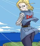  android_18 ass blonde_hair blue_eyes cloud day denim dragon_ball dragon_ball_z looking_back lowres ocean pantyhose skirt sky solo sorashu visible_air wind wind_lift 