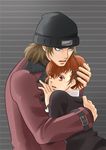  1girl aragaki_shinjirou beanie blue_eyes brown_eyes brown_hair couple female_protagonist_(persona_3) hair_ornament hairclip hat hetero hug kulalix persona persona_3 persona_3_portable school_uniform trench_coat 