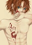  abs blood blue_eyes brown_hair chest covering hand_print male_focus nude solo 