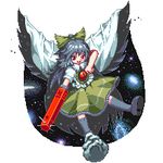  arm_cannon bad_id bad_pixiv_id black_hair bow cape green_bow hair_bow kneehighs lowres pedoroiya pixel_art red_eyes reiuji_utsuho socks solo touhou weapon wings 