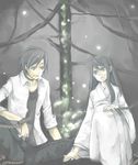  1girl black_hair collar denim fatal_frame fatal_frame_1 grey_eyes himuro_kirie hinasaki_mafuyu jacket japanese_clothes jeans kimono long_hair mayuuuuu pants rope short_hair tree 