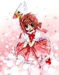  brown_hair cardcaptor_sakura dress fuuin_no_tsue gloves green_eyes hat highres kinomoto_sakura kneeling magical_girl nami_z pink_hat short_hair solo thighhighs wand white_gloves 