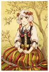  copyright_request dress face flower green_eyes hair_flower hair_ornament meago sitting smile solo white_hair wreath 