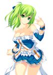  beatmania beatmania_iidx bow breasts cleavage detached_sleeves green_eyes green_hair hair_bow kinoshita_ichi kitami_erika medium_breasts simple_background skirt solo 