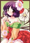  bare_shoulders blush calligraphy_brush flower gonzaburo hair_flower hair_ornament hieda_no_akyuu japanese_clothes kimono off_shoulder paintbrush purple_hair red_eyes short_hair solo touhou 