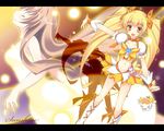  bad_id bad_pixiv_id blonde_hair boots bow brown_hair character_name choker cure_sunshine dual_persona hair_ribbon heart heartcatch_precure! henshin knee_boots letterboxed long_hair magical_girl midriff myoudouin_itsuki nanaroba_hana navel orange_choker potpourri_(heartcatch_precure!) precure purple_background ribbon shadow skirt twintails yellow_bow yellow_eyes yellow_skirt 