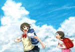  backpack bad_id bad_pixiv_id bag brown_eyes brown_hair cloud day multiple_girls original ponytail randoseru running school_uniform shibasaki_shouji sky 