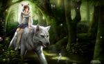  animal bare_arms forest jewelry kodama mononoke_hime nature necklace polearm riding san spear syncaidia wallpaper watermark weapon web_address wolf 
