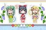  :&lt; =_= ^_^ alternate_costume anger_vein annoyed bad_id bad_pixiv_id black_hair blonde_hair blue_eyes blush bow braid chibi closed_eyes eating food frog gochou_(atemonai_heya) green_hair hair_bow hair_tubes hakurei_reimu japanese_clothes kimono kirisame_marisa kochiya_sanae multiple_girls no_hat no_headwear side_ponytail snake takoyaki tears touhou yukata 