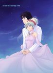  1girl blue_hair bridal_veil bride couple dress flower gloves hair_bun hetero hug kizaki_shin multicolored_hair nia_teppelin night older pink_dress pink_wedding_dress red_flower red_rose rose simon sky star_(sky) starry_sky tengen_toppa_gurren_lagann tuxedo veil wedding wedding_dress 