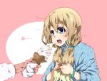  alternate_hairstyle blonde_hair blue_eyes eyebrows feeding food ice_cream k-on! kotobuki_tsumugi long_hair solo takanashi_ringo twintails 