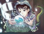  beads bracelet brown_hair crystal_ball furayu_(flayu) fuura_kafuka hair_ornament hairclip hands heterochromia hood jewelry robe sayonara_zetsubou_sensei short_hair solo tentacles 