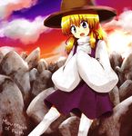  any_(lucky_denver_mint) blonde_hair blue_eyes english hair_ribbon hands_in_opposite_sleeves hat moriya_suwako mountain_of_faith open_mouth ribbon solo stone sunset thighhighs touhou turtleneck white_legwear wide_sleeves zettai_ryouiki 