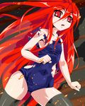  eenen long_hair lowres oekaki one-piece_swimsuit red_eyes red_hair school_swimsuit shakugan_no_shana shana solo swimsuit thighhighs torn_clothes 